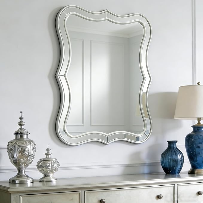 Silver Scalloped Wall Mirror Decor -24”x32 Large Double Wavy Edge RetangleMirror, Shabby Chic Mirrors for Living Room, Bedroom, Dining Room,Entryway,Bathroom