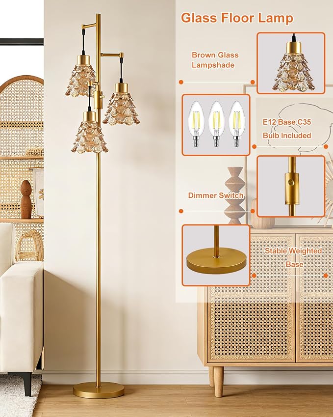 3-Light Modern Glass Floor Lamp, Gold Standing Tall Lamp with Amber Pinecone Glass Shade for Reading, Dimmable LED Floor Lamp with 5Lbs Heavy Base for Living Room Bedroom Home Decor, Bulb Included