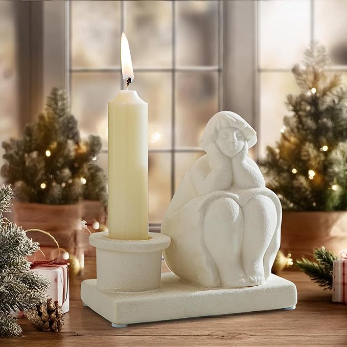 White Candle Holder, Handmade Ceramic Girl Candlestick Holders, Taper Candlelight Stand for Home Decor, Table Centerpiece and Coffee Table Decor