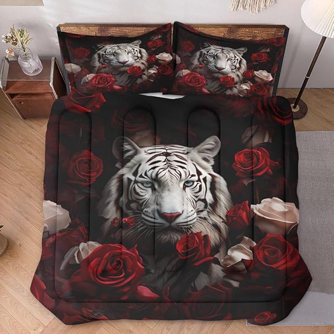 WeCozy Full Size Comforter Set with 2 Pillowcases, White Tiger Wild Animal 3 Pcs Bedding for Kids and Adults, Beautiful Red Rose Flower Soft Comforter Set for Bedroom Bed Decor