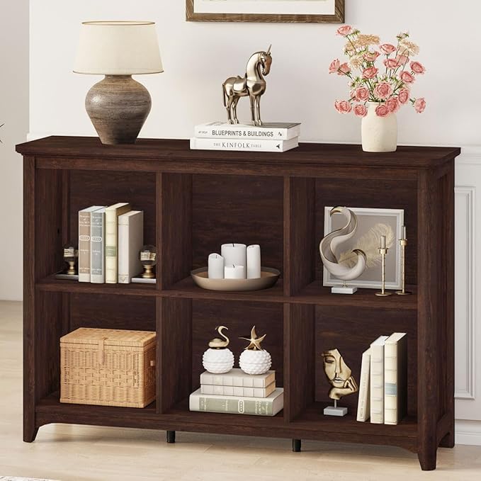 BON AUGURE 6 Cube Storage Bookcase, 43" Wide Horizontal Wooden Bookshelf, Floor Standing Low Book Shelf with Curved Edge for Living Room, Office - Brown Cherry