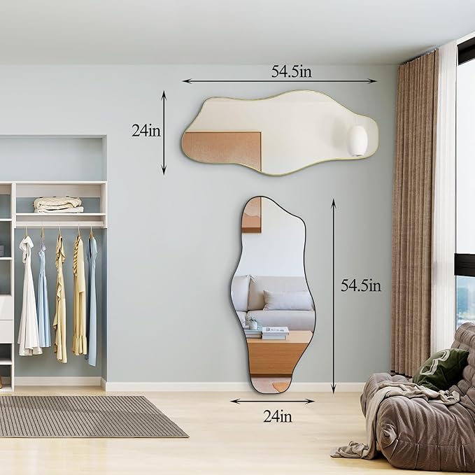 Large Irregular Mirror, 54.5"x24" Asymmetrical Tempered Glass Mirror Decorative, Modern Abstract Frameless Mirrors for Living Room Bathroom Bedroom Hallway Entryway, Horizontal Or Vertical