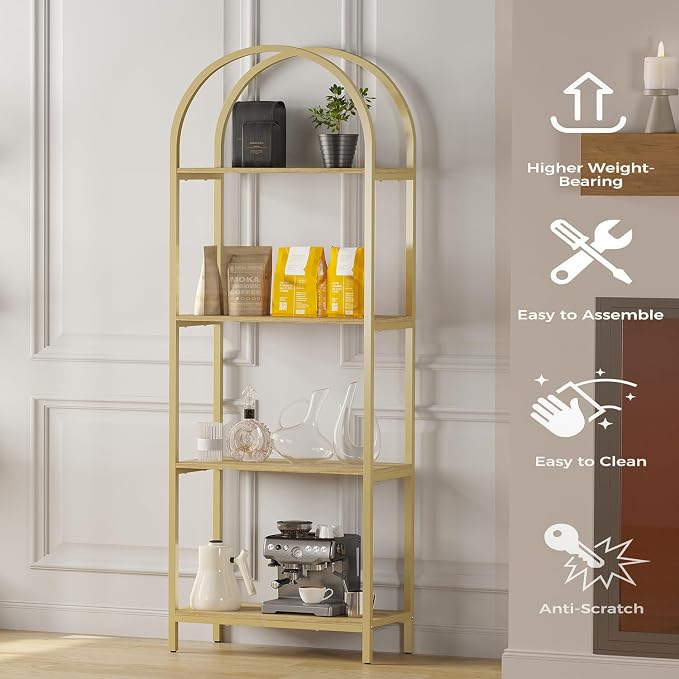Bookshelf Arched Bookcase, Industrial 4-Tier Open Shelves with Metal Frame, 72" Tall Freestanding Storage Display Rack for Home Office, Living Room, Gold & Nature Wood, Easy Assembly