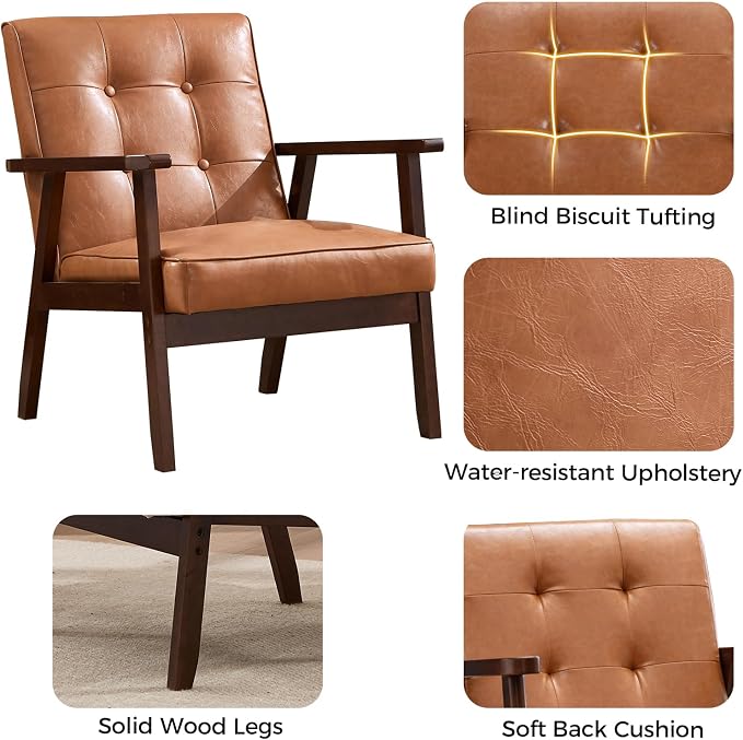 IOMOR Accent Chair Mid Century Modern Chair for Living Room, Comfy Faux Leather Armchair with Solid Wood Frame Soft Thick Padded, Side Chairs Easy Assembly Set of 2, Brown