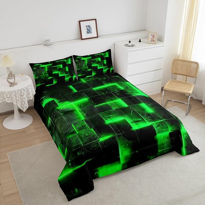 3D Geometric Bedding Set Twin Abstract Aesthetic Twin Comforter, Black and Green Duvet Insert Glowing Futuristic Cubes Quilt Comforter, Neon Grid Bedding Comforters & Sets 2pcs (Black Reversible)