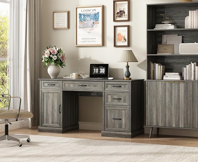 CARPETNAL 58'' Farmhouse Executive Desk with Drawers, Home Office Desk with File Drawer and Storage Cabinet, Rustic Computer Desk for Working, Studying, Writing, Grey