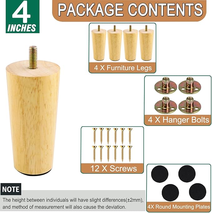 4 Inches Round Solid Wood Furniture Legs Set of 4, Natural Wooden Replacement Feet with Threaded 5/16'' Hanger Bolts for Sofa, Couch, Armchair, Cabinet, TV Stand, Ottoman and Dresser
