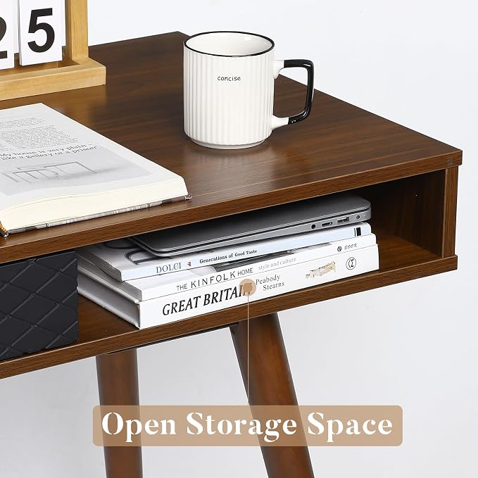 GAOMON Modern Simple Home Office Desk, Mid Century Modern Computer Writing Desk with Drawer Solid Wood Legs and Open Storage Cubby, Small Vanity Table Desk for Bedroom (Walnut)