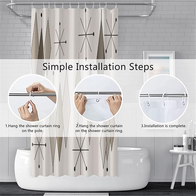 Boho Light Grey Brown Shower Curtain Abstract Mid Century Diamond Geometric Atomic Starburst Pattern Beige for 1950s Retro Bathroom Decor Shower Curtain Set with 12 Hooks, 65x72 Inches