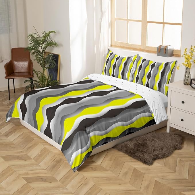 Feelyou Geometric Duvet Cover Yellow Grey Black Comforter Cover Mid Century Retro Bedding Set for Kids Adults Abstract Modern Decor Bedspread Cover Twin Size Bedclothes Zipper (No Comforter)