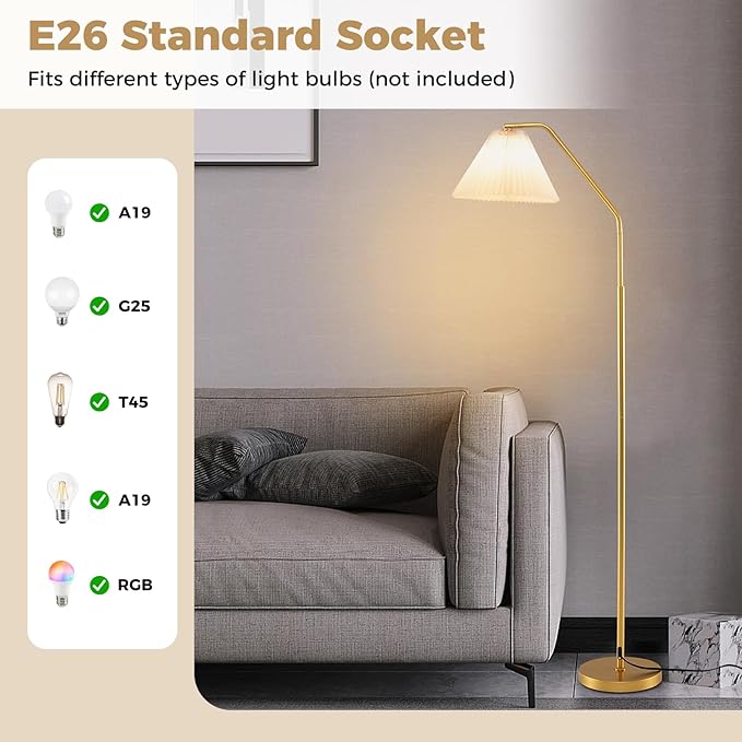 Tangkula Arc Floor Lamp, Modern 66”H Tall Standing Lamp with Adjustable Lamp Head, Pleated Lampshade & Foot Switch, Tall Reading Lamp for Living Room, Bedroom & Office (White, 66" H)