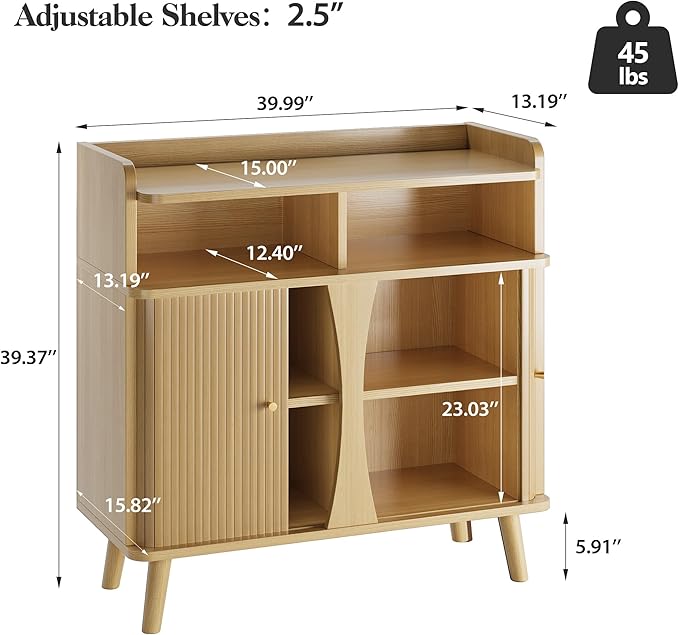 39" Buffet Sideboard Cabinet, Mid Century Modern Console Cabinet with Roller Shutter Sliding Doors & Adjustable Shelves for Kitchen Cabinets, Living Room, Entryway, Coffee Bar Cabinet (Oak)