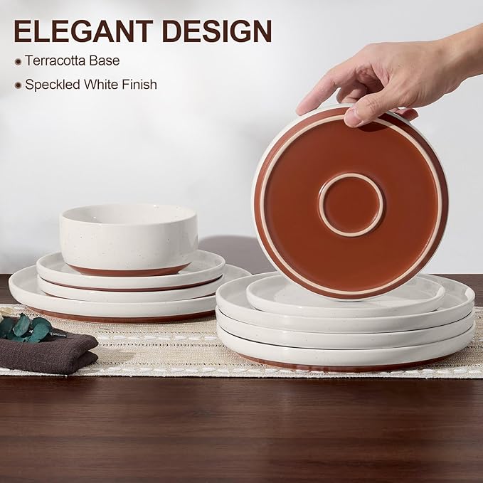 E-far 6-Piece Stoneware Dinnerware Sets, Plates and Bowls Sets for 2, Ceramic Dishware Dishes Set with Terracotta Base, Chip & Scratch Resistant, Microwave & Dishwasher Safe, Speckled White