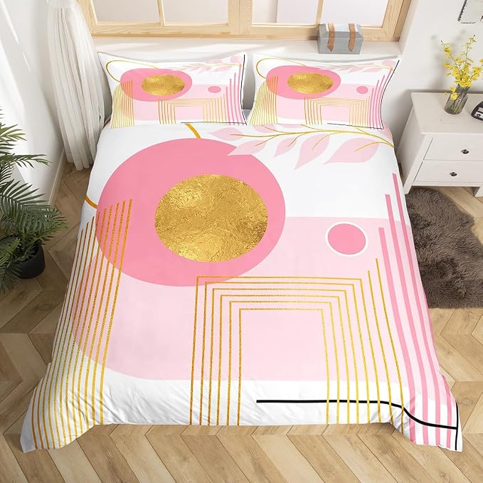 Erosebridal Pink and White Abstract Boho Twin Comforter Cover Minimalist Aesthetic Neutral Duvet Cover Mid Century Modern Bed Set Botanical Leaves Geometric Bedding Set
