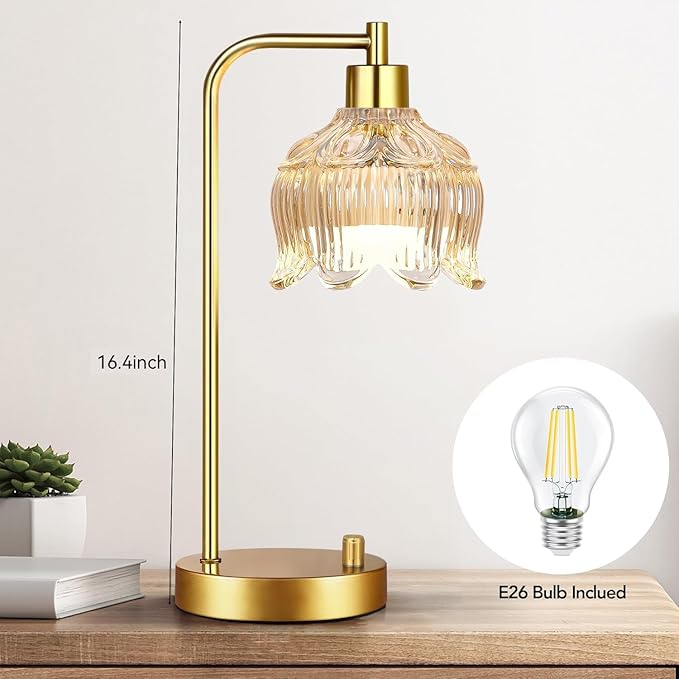 Glass Table Lamp Set of 2,Small Gold Bedside Lamps Dimmable Boho Bedroom Lamp with Tulip Flower Amber Lamp Shade,Vintage Mid Century Modern Mini Nightstand Lamp for Bedroom Living Room