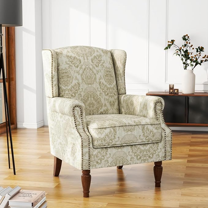 High Back Accent Chair, Fabric Upholstered Armchair for Living Room, Floral Wingback Chair with Retro Solid Wood Legs, Nailhead Trim Single Sofa Bedroom Reading Seat - White