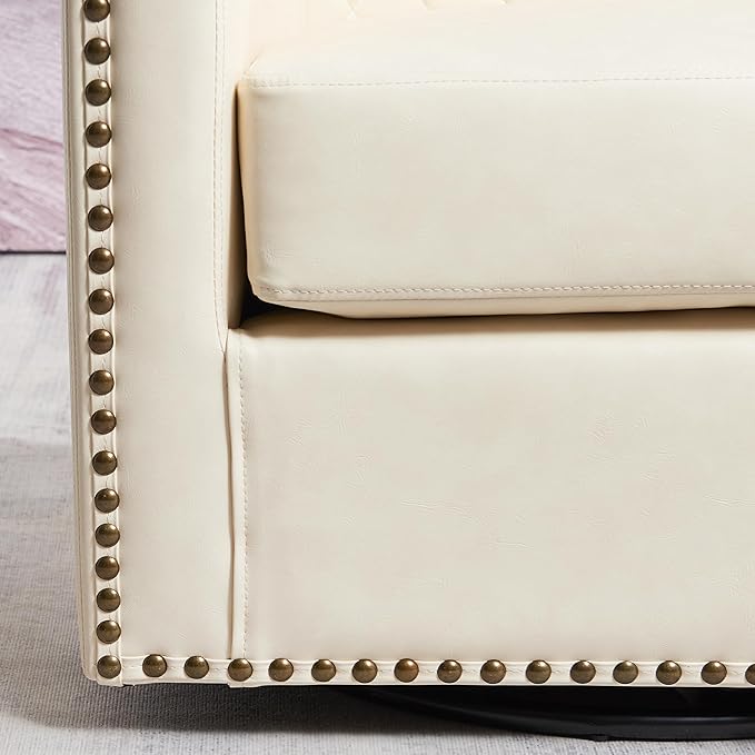 KINWELL 29" Wide Tufted Faux Leather Swivel Barrel Chair, PU Leather Modern Upholstered Accent Chairs with Nailhead Trim, Small Armchair for Living Room Bedroom, Cream