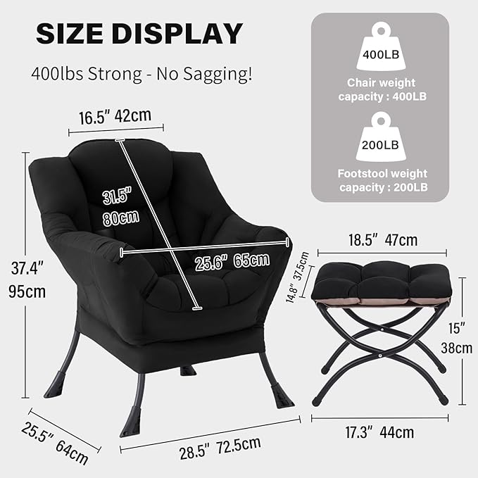 Tiita Lazy Chair with Ottoman, Black Modern Large Accent Chair, Comfy Leisure Sofa Armchair with Ottoman, Reading Chair with Footrest for Bedroom, Living Room, Dorm Rooms, Black