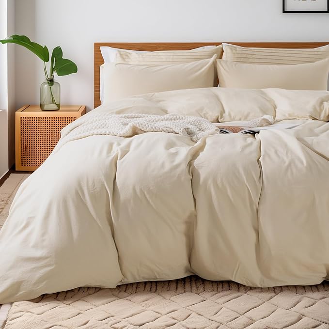 NEXHOME PRO Duvet Cover Set Queen Size Linen Feel Textured Organic Natural 100% Washed Cotton Duvet Cover 3 Pieces Bedding Set with Zipper Closure, Breathable, Soft (No Comforter)