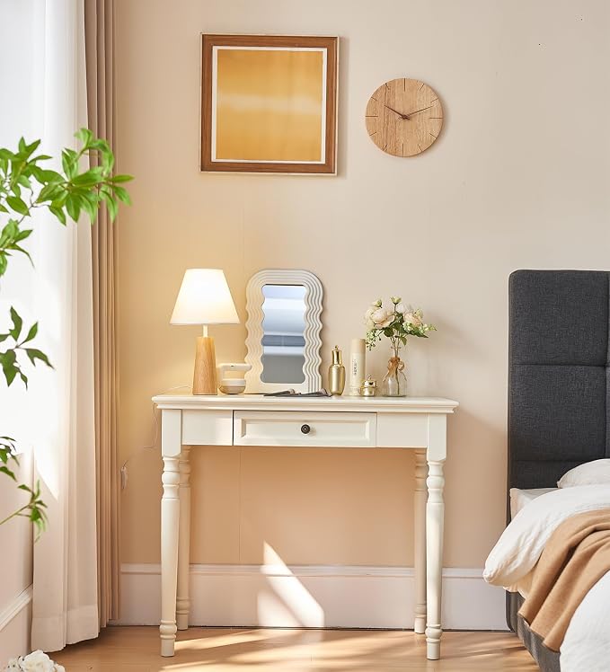 ADORZ Writing Desk with Drawers, 35 Inch French Country Desk Solid Wood Writing Desk for Home Office, Study Workspace or Bedroom (White, 35 inches)