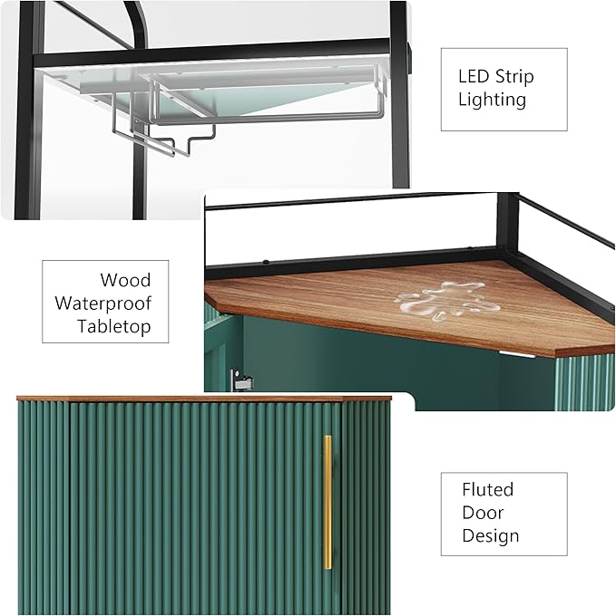 ARTPOWER Corner Bar Cabinet with LED Strip, 4-Tiers Modern Corner Coffee Bar with Glass Holder, Fluted Tall Liquor Cabinet for Kitchen, Dining Room, Living Room, Green