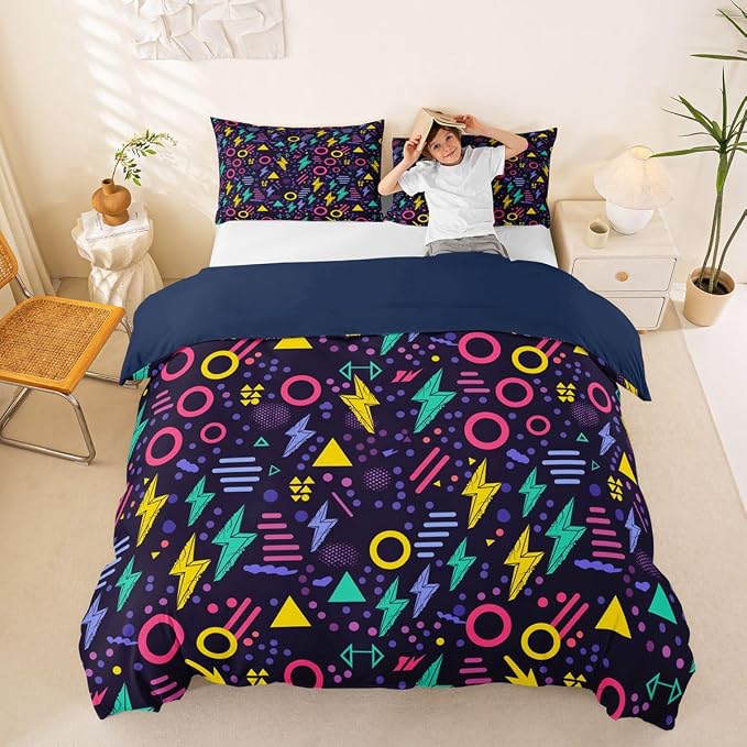 Memphis Style Duvet Cover Full Abstract Colorful Design with Dots Funky Bedding Set for Kids Child Girls Vintage Eighties Comforter Cover Memphis Fashion Bed Sets 80'S Style Retro 1980s Home Decor