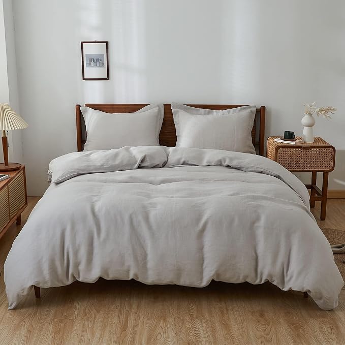 Simple&Opulence 100% Linen Duvet Cover Set, Natural French Flax Light Grey Duvet Cover Twin Size, Breathable Soft Comfy Linen Bedding Comforter Cover with 1 Pillowcase(Light Grey, 68"x86")