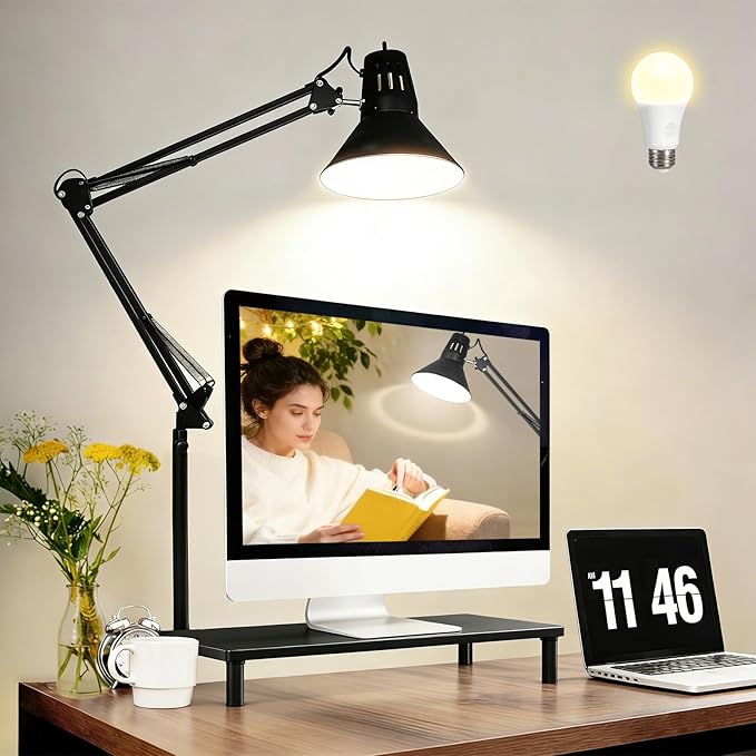 2 Pack LED Desk Lamp With Clamp for Office Home, Eye-Caring Desk Light with 360°Adjustable Extra Tall Metal Swing Arm, High Intensity Clamp w/A19 E26 Bulb for Working Reading, Table Lamps Warm Light