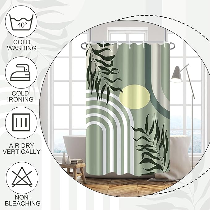 Baocicoo Green Minimalism Boho Shower Curtain Mid Century Abstract Sun Shower Curtain for Bathroom Modern Hostel Hotel Durable Polyester Waterproof Curtain for Bathroom with Hooks 36x72 Inches
