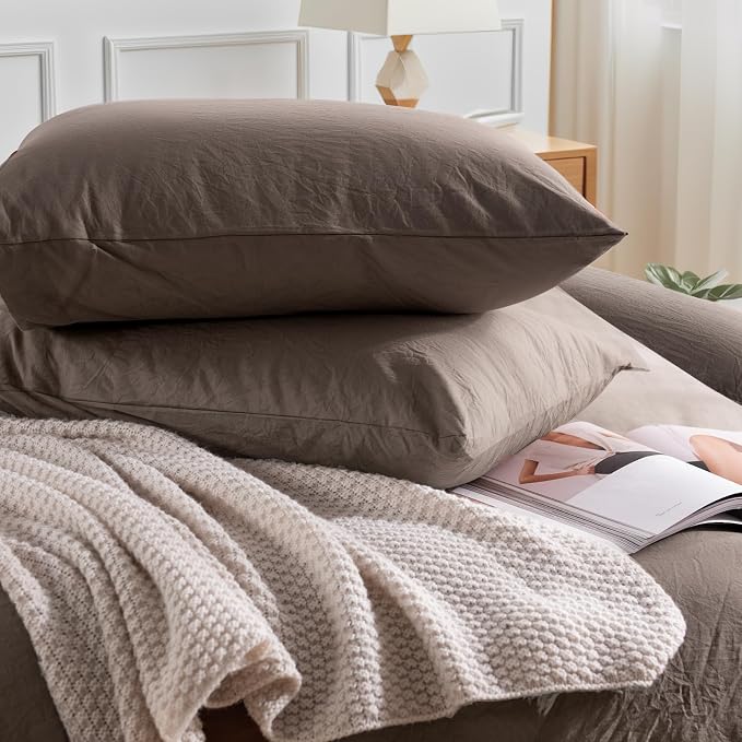 NEXHOME PRO 100% Washed Cotton Duvet Cover Full Size, Ogranic Natural Linen Feel Breathable Bedding Set with Zipper Closure, 3 Pieces Duvet Cover Set Chocolate (No Comfortert) 8090