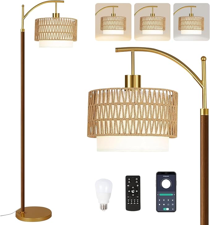 ILLMTW Rattan Floor Lamp for Living Room,Bedroom,Boho Wood Standing Lamp with Remote Dimmable,Vintage Mid Century Modern Gold Tall Lamp Wicker Lamp Shade Floor Lights Bohemian Tiffany Style