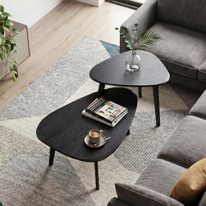 Nesting Coffee Table Set of 2-Mid Century Modern Wooden Coffee Table,Guitar Pick Stacking Tables with Solid Wood Legs,Small Coffee Tables for Small spaces,Living Room,Apartment,Balcony (Black)
