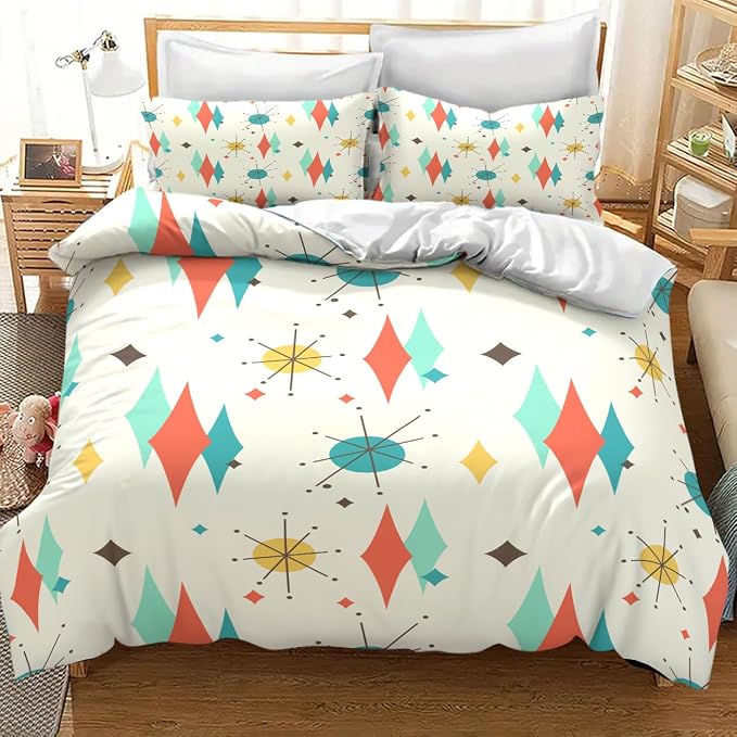 Mid Century Modern Bedding Set,1950s 1960s Vintage Abstract Atomic Stars Geometric Diamond Pastel Pattern Comforter Set with Pillowcase for Bedroom Bed Decor,King 102"x90"