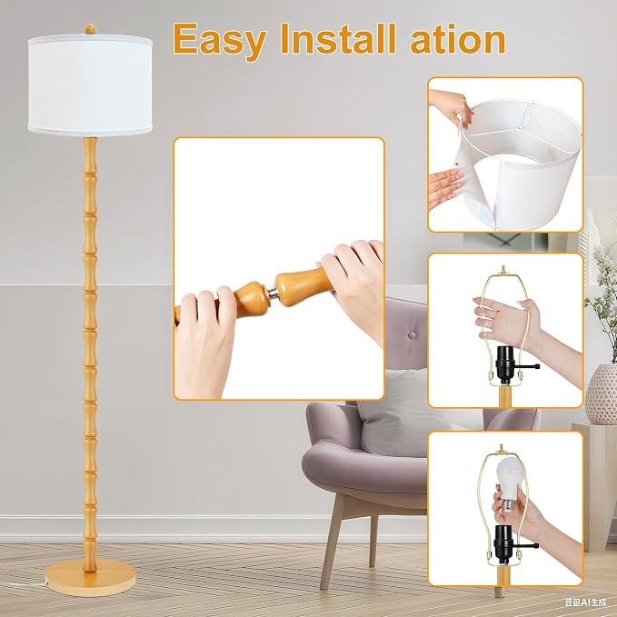 Vintage Wood Floor Lamps with Rotary Switch, 3 Color Temperatures Bulb,Modern Farmhouse Floor Lamps for Living Room,Rustic Standing Lamp for Bedroom,Tall Lamp for Office Corner Nursey Decor