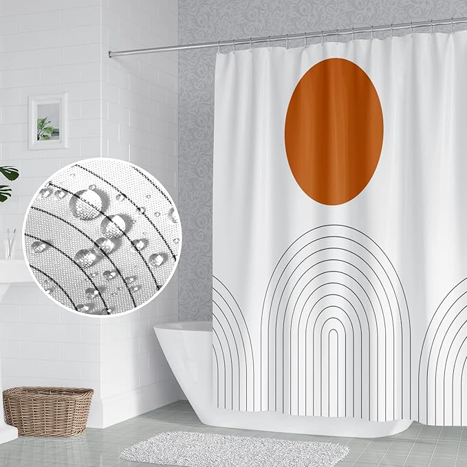 Abstract Mid Century Bohemian Bathroom Shower Curtain - Orange Sun Lines Arch - Waterproof Polyester - Minimalist Home Decor, 48x72 Inch