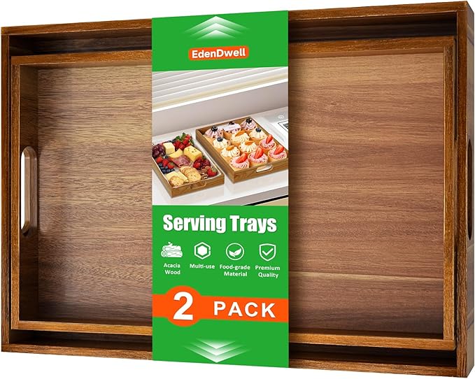 Serving Trays - 2 Pack, Acacia Wood Serving Platters with Ergonomic Handles, Versatile Rustic Decorative Trays for Breakfast, Brunch, Dinner, Coffee Table, Party, Kitchen-M