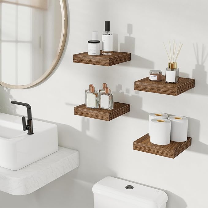 Fun Memories Rustic Wood Floating Shelves for Wall, Space-Saving Wall Mounted Shelves for Bathroom, Bedroom, Living Room and Kitchen, Stylish Storage & Display (Set of 4, Walnut, 8 in)