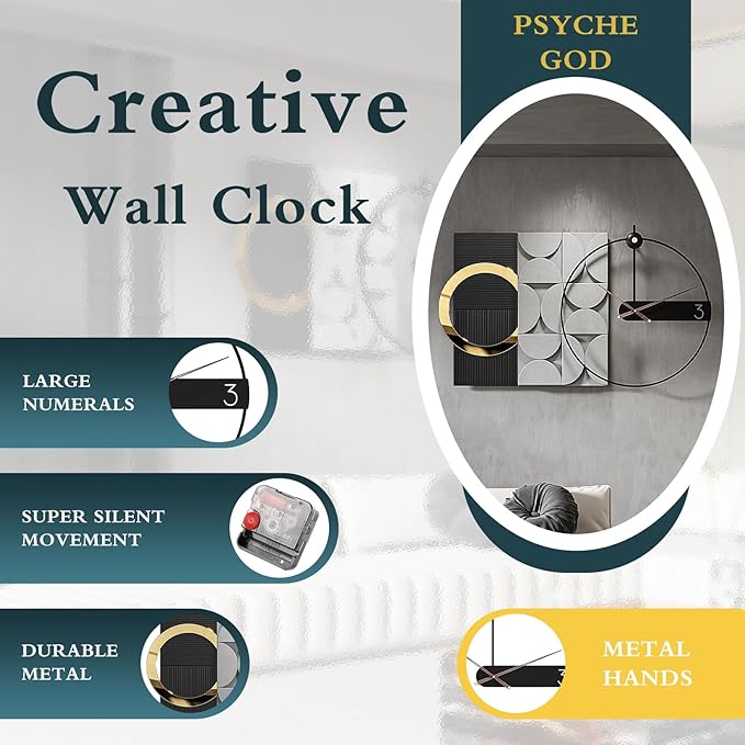 Large Decorative Wall Clock Silent Non-Ticking, Modern Metal Wall Clock Decor for Living Room Office Bedroom Kitchen (Black, 30"X18")