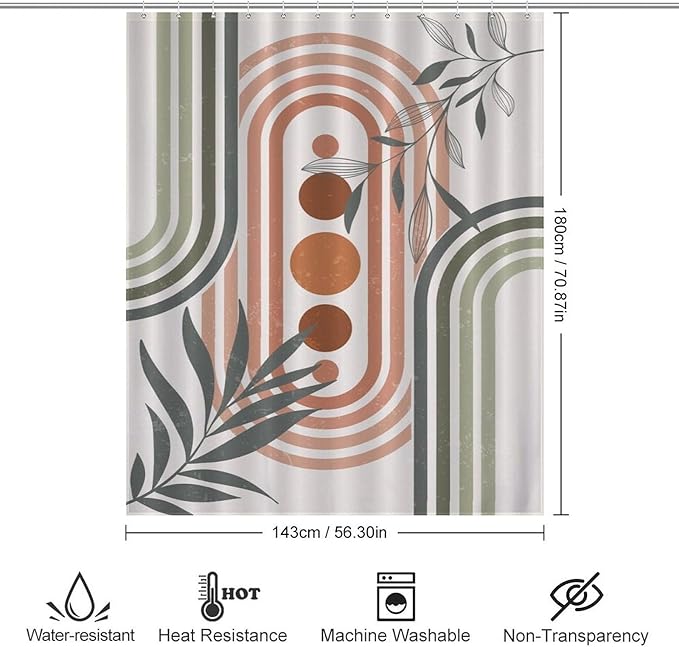 Mid Century Boho Sage Shower Curtain, Abstract Bohemian Mid Century Plant Leaf Rainbow Dots Washable Waterproof Fabric for Bathroom Decor Bathtub with 12 Hooks 55x72in（140x183cm）
