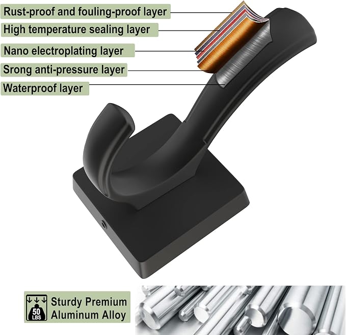 TOFIIGREM Black Towel Hooks Coat Hook, Towels Robe Holder for Bathroom Hat Hooks for Wall Hanging Key Bag Backpack (5 Pack, Black)