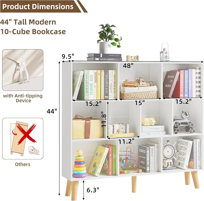LEYAOYAO 10 Cube Bookshelf,3 Tier Modern Wide Bookcase with Legs,Mid-Century Wood Bookshelves Storage，White Large Book Case,Freestanding Organizer Display Shelf for Bedroom,Living Room,Office