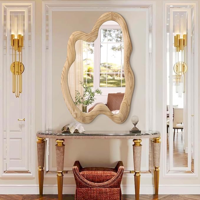 AAZZKANG Large Rustic Wall Mirror with Wooden Frame Irregular Wall Mirror 32"x24" Decorative Asymmetrical Hanging Mirror for Bathroom Bedroom Living Room Entryway