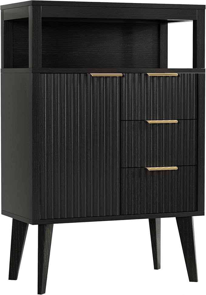 Black Bathroom Floor Cabinet with 3 Fluted Drawers & Door, Modern Storage Sideboard with Open Shelf, Coffee Bar Station for Living Room, Entryway, 23.6 x 11.8 x 34.6 Inches