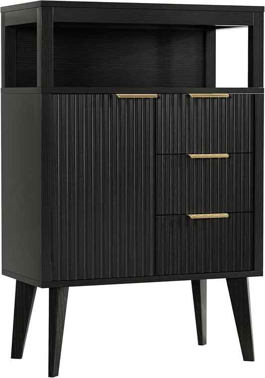 Black Bathroom Floor Cabinet with 3 Fluted Drawers & Door, Modern Storage Sideboard with Open Shelf, Coffee Bar Station for Living Room, Entryway, 23.6 x 11.8 x 34.6 Inches