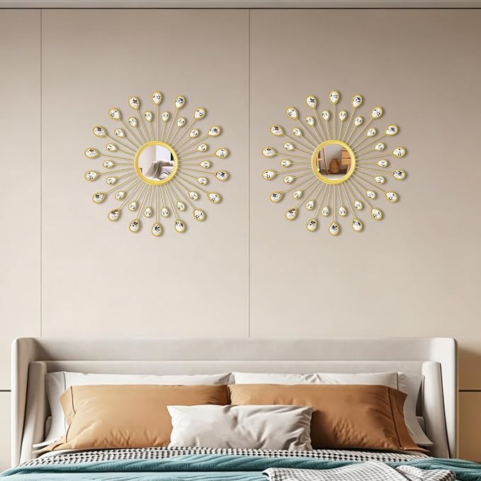2 Pack Metal Mirrors for Wall Boho Sunburst Wall Mirror Home Decor Modern Decorative Wall Art for Bedroom Living Room Entryway