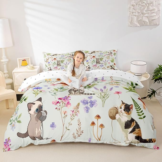 Erosebridal Cute Cat Duvet Cover King Kitten Cat Lovers Bedding Set Pale Green Boho Watercolor Floral Comforter Cover for Kids Girls Boys Adults Funny Pet Animal Bed Set