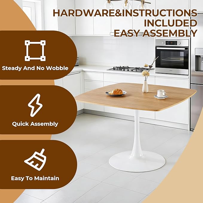 42 Inch White and Oak Square Dining Table for 4-6 Person,Mid-Century Oak Tulip Table Kitchen Dining Table with MDF Tabletop and Pedestal Base for Home Kitchen