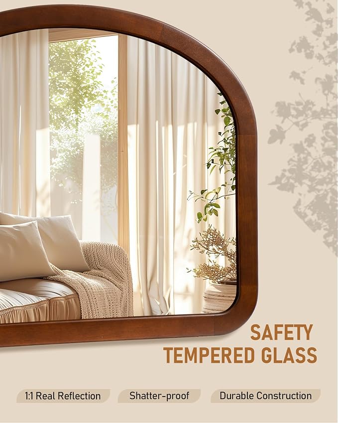 Arched Mirror 34 x 29 Inch,Walnut Brown Wood Rustic Bathroom Tempered Wall Mirror with Wood Frame,Round Corner Arch Farmhouse Wooden Vanity Mirror for Living Room,Entryway or Bedroom