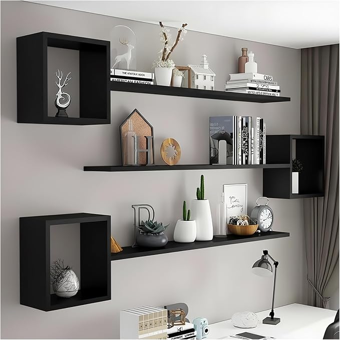 Wall Mounted Shelves Wooden Floating Shelf Home Decor for Wall, Sofa, Bathroom, Bedroom, Living Room, Kitchen, Office Black-3-layer 70"
