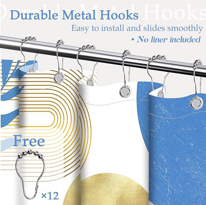 Light Blue and Gold Shower Curtain Boho Blue and White Shower Curtains for Bathroom Decor Mid Century Modern Bath Curtain Set, Waterproof Fabric with Hooks 70 x 84 Inch